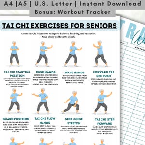 May include: A printable guide to Tai Chi exercises for seniors, with illustrated instructions. Includes Tai Chi starting position, push hands, wave hands, forward Tai Chi push, guard position, Tai Chi flow hands, side lunge stretch, and Tai Chi step forward.
