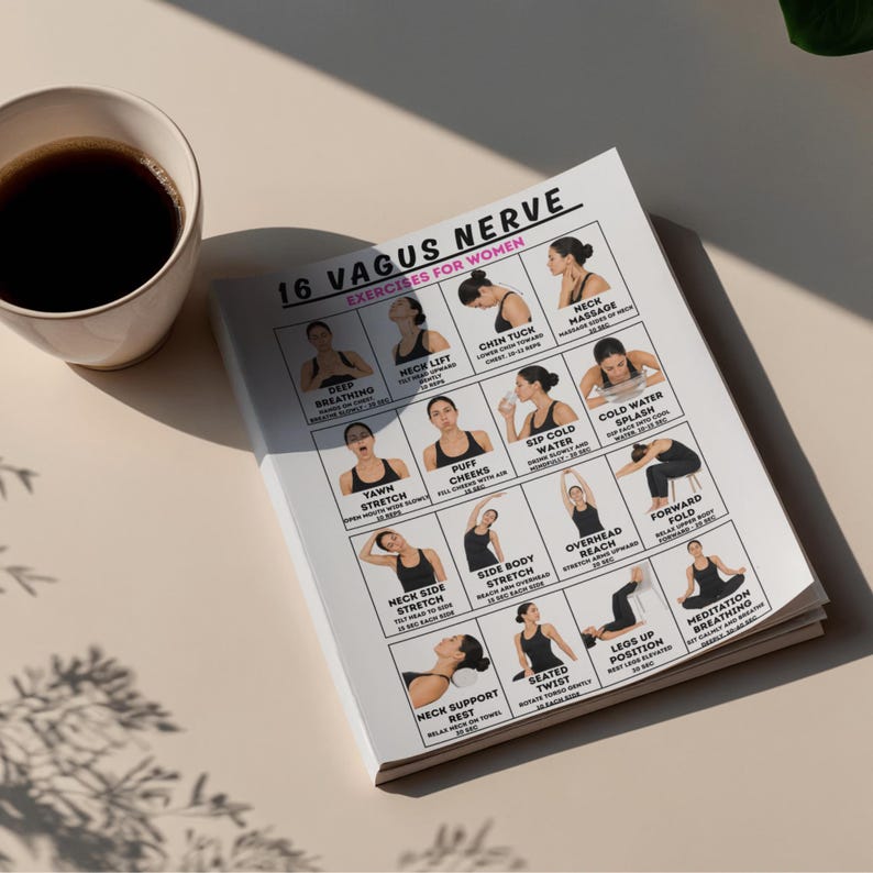 Op de afbeelding: Een gedrukte gids getiteld "16 Vagus Nerve Exercises for Women" met illustraties van verschillende oefeningen. De gids bevat instructies voor diepe ademhaling, nekstrekkingen en andere ontspanningstechnieken. Een kopje koffie staat links van de gids.