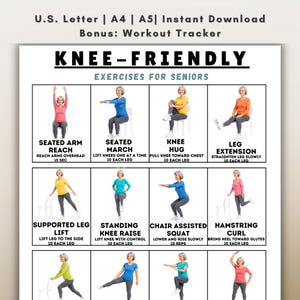 Könnte beinhalten: Ein druckbares Übungsblatt mit dem Titel KNEE-FRIENDLY EXERCISES FOR SENIORS. Es enthält zwölf Illustrationen von Personen, die Bewegungen wie Armstrecken, Kniebeugen und Beinstrecken ausführen, begleitet von schriftlichen Anleitungen.