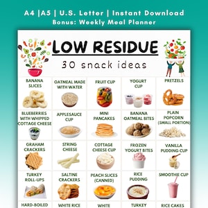 Puede incluir: Un planificador de comidas semanal imprimible con el título "LOW RESIDUE" y 30 ideas de snacks. Los snacks incluyen rodajas de plátano, copas de fruta, pretzels, mini panqueques y bocados de yogur. Disponible en A4, A5 y U.S. Letter.