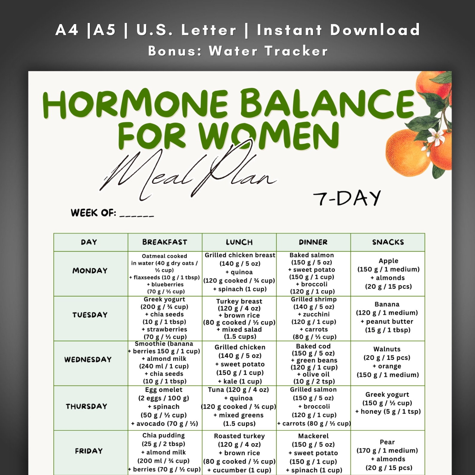 Hormone Balance Meal Plan for Women, 7 Day Meal Plan Printable, Hormone ...