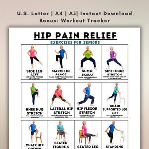 May include: A digital exercise chart titled Hip Pain Relief Exercises for Seniors, featuring twelve illustrated panels with instructions for movements like side leg lifts, sumo squats, and chair stretches, available in U.S. Letter, A4, and A5 sizes.