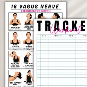 Op de afbeelding: Twee witte bedrukte vellen. E&eacute;n detailleert 16 Vagus Nerve-oefeningen met illustraties en instructies. De andere is een workout tracker met het woord "TRACKE Workout" in zwart en roze.
