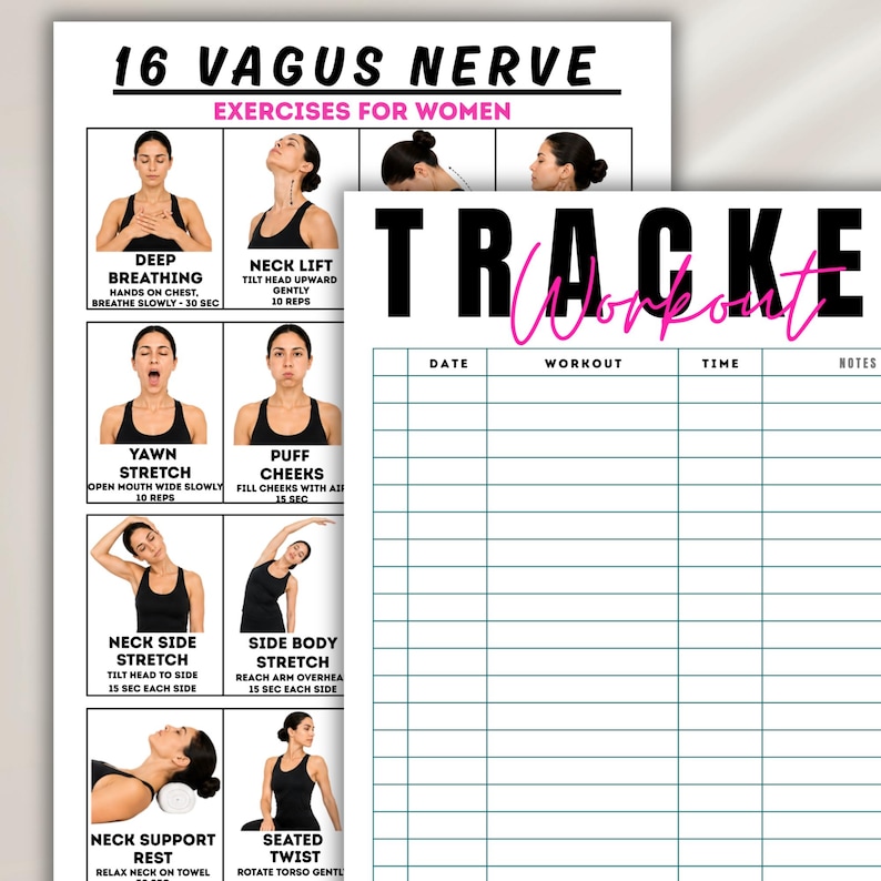 Op de afbeelding: Twee witte bedrukte vellen. E&eacute;n detailleert 16 Vagus Nerve-oefeningen met illustraties en instructies. De andere is een workout tracker met het woord "TRACKE Workout" in zwart en roze.
