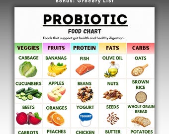 Probiotic Food Chart, Gut Health Diet Printable, Digestive Health Foods List, Fermented Foods Guide, Healthy Gut Food Chart PDF