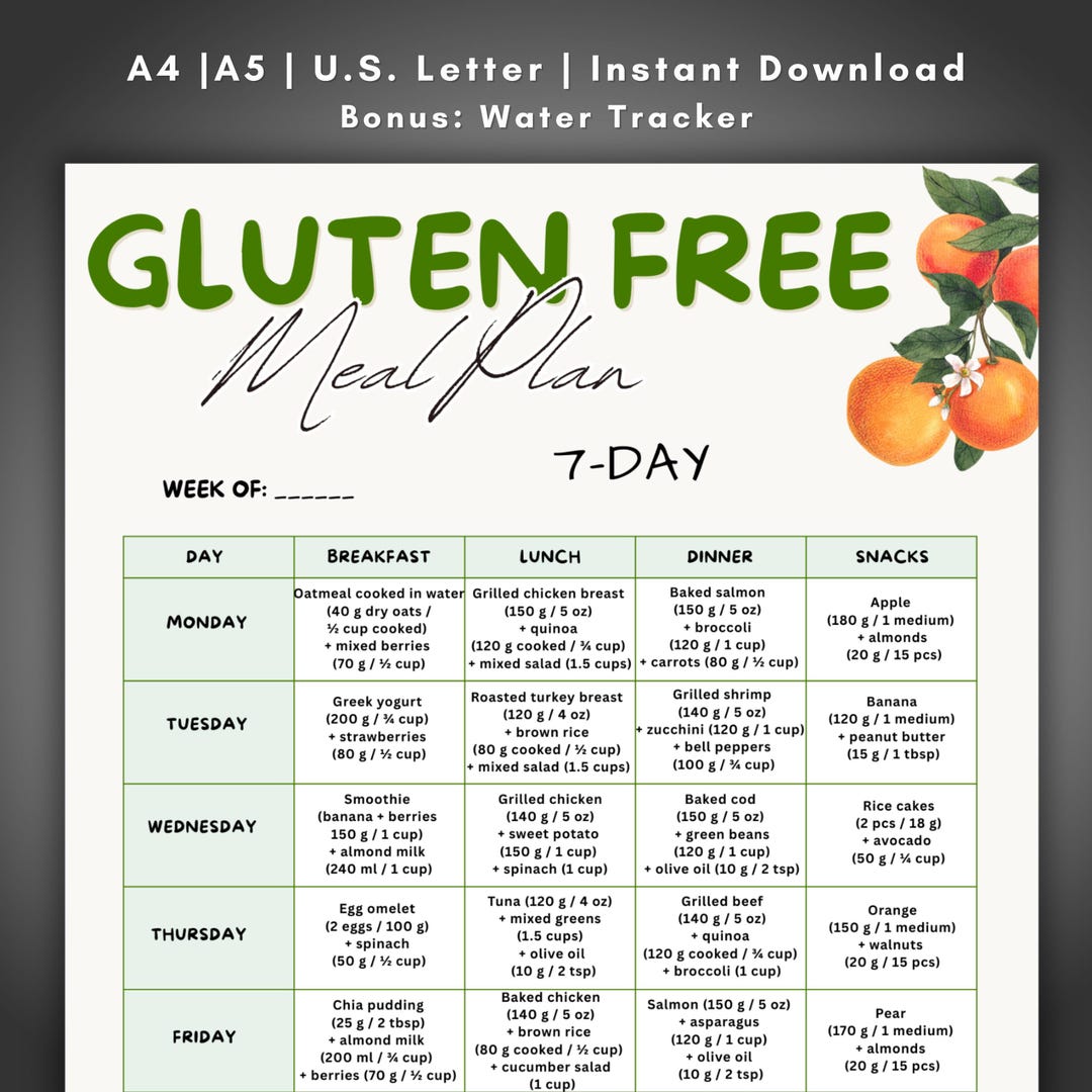 7 Day Gluten Free Meal Plan Printable, Weekly Healthy Meal Plan, Gluten ...