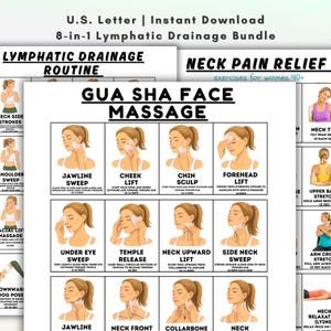 Può includere: Un download digitale intitolato "U.S. Letter | Instant Download 8-in-1 Lymphatic Drainage Bundle". L'immagine presenta diagrammi per le tecniche di massaggio facciale Gua Sha, tra cui la spazzata della mascella, il sollevamento delle guance e il sollevamento della fronte. Include anche esercizi per alleviare il dolore al collo.