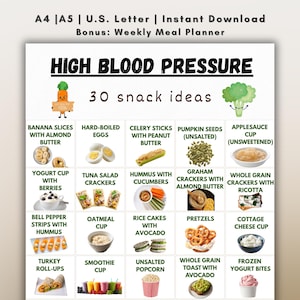 May include: A printable weekly meal planner with the title "HIGH BLOOD PRESSURE" and "30 snack ideas." The planner features images and descriptions of various healthy snack options, including fruits, vegetables, and whole grains. The top of the planner includes the text "A4 | A5 | U.S. Letter | Instant Download Bonus: Weekly Meal Planner."