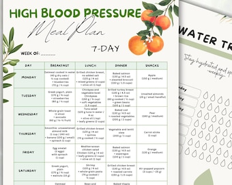 May include: A 7-day high blood pressure meal plan, printable on A4 paper. The plan details breakfast, lunch, dinner, and snack options. The top of the page reads "A4 | A5 | U.S. Letter | Instant Download" and "Bonus: Water Tracker".