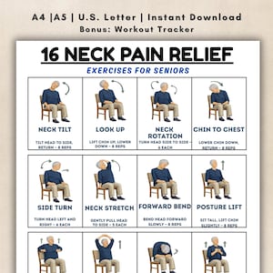 以下が含まれることがあります： 高齢者向けの、首の痛みを和らげる16のエクササイズが掲載された印刷可能なワークアウトガイド。首を傾ける、上を見る、顎を胸につけるなど、各エクササイズのイラストと説明が含まれています。「高齢者向けのエクササイズ」というテキストが含まれています。