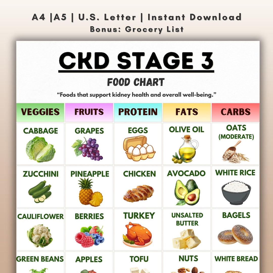 CKD Stage 3 Food Chart, Kidney Disease Diet List, Renal Diet Printable ...