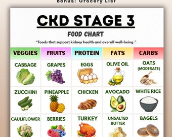 CKDステージ3の食品チャート、腎臓病の食事リスト、腎臓病食プリント、低ナトリウム・低カリウム食品、腎臓に優しい食料品ガイド