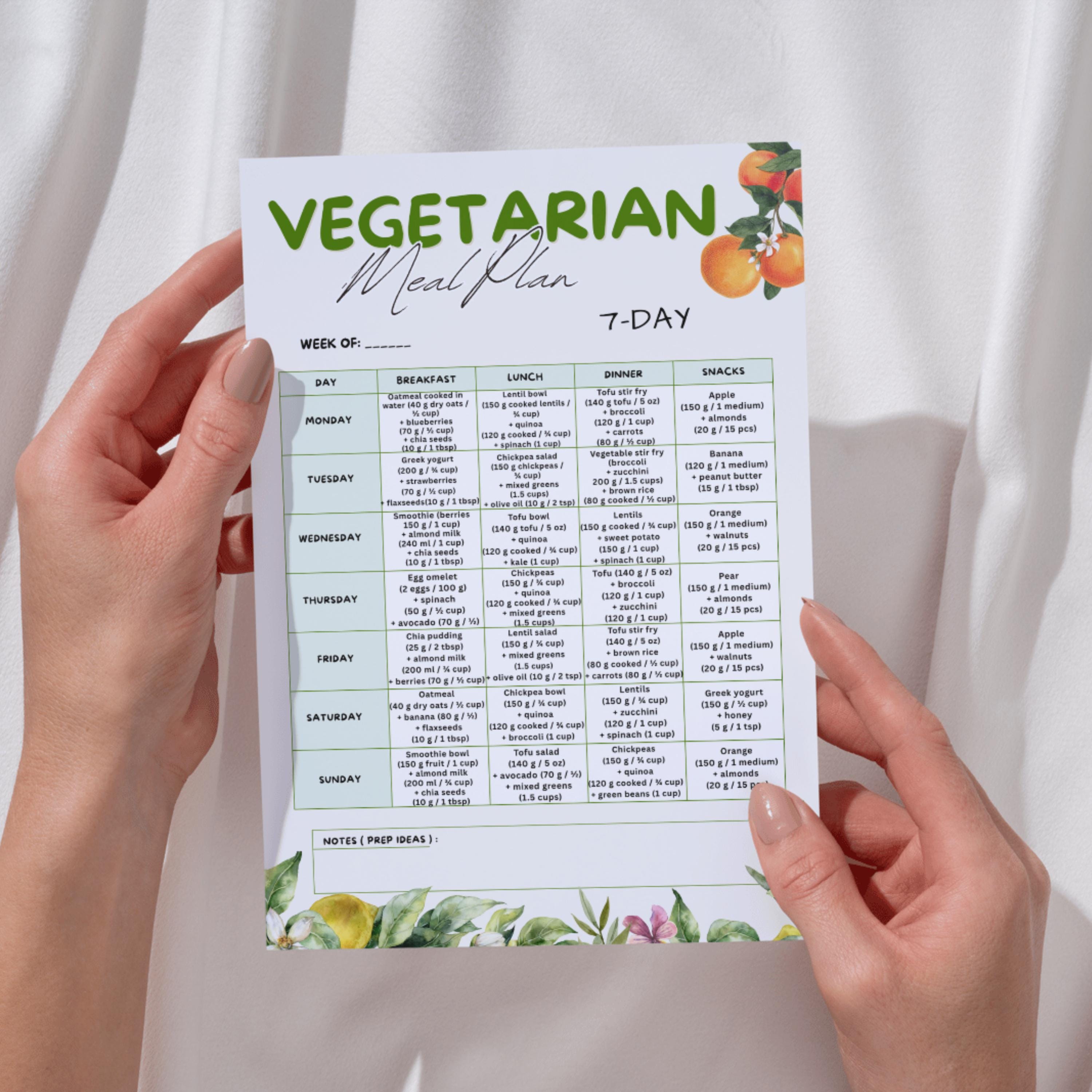 Vegetarian 7 Day Meal Plan Printable, Plant Based Meal Plan, Healthy ...
