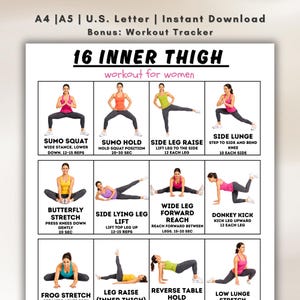 Può includere: Una guida di allenamento stampabile per esercizi per la parte interna delle cosce. La guida include illustrazioni di vari esercizi come Sumo Squat, Side Leg Raise e Donkey Kick. Il testo in alto recita "16 INNER THIGH workout for women."