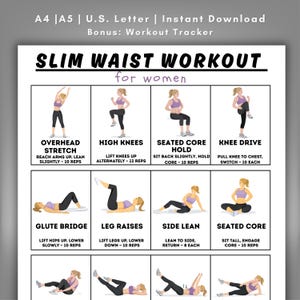 Könnte beinhalten: Ein Trainingsleitfaden mit dem Titel "SLIM WAIST WORKOUT for women" mit Übungsillustrationen. Der Leitfaden enthält Übungen wie Überkopf-Dehnung, hohe Knie, Core-Halten im Sitzen, Knie anziehen, Glute Bridge, Beinheben, Seitneigung und Core im Sitzen.