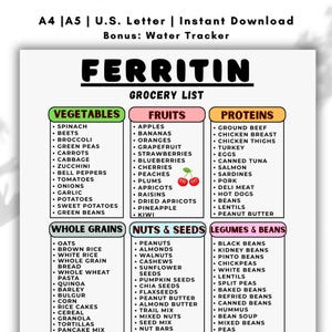 May include: A printable grocery list titled "FERRITIN" with categories for vegetables, fruits, proteins, whole grains, nuts & seeds, and legumes & beans. The list includes items like spinach, apples, ground beef, oats, peanuts, and black beans. The document is available as an instant download.