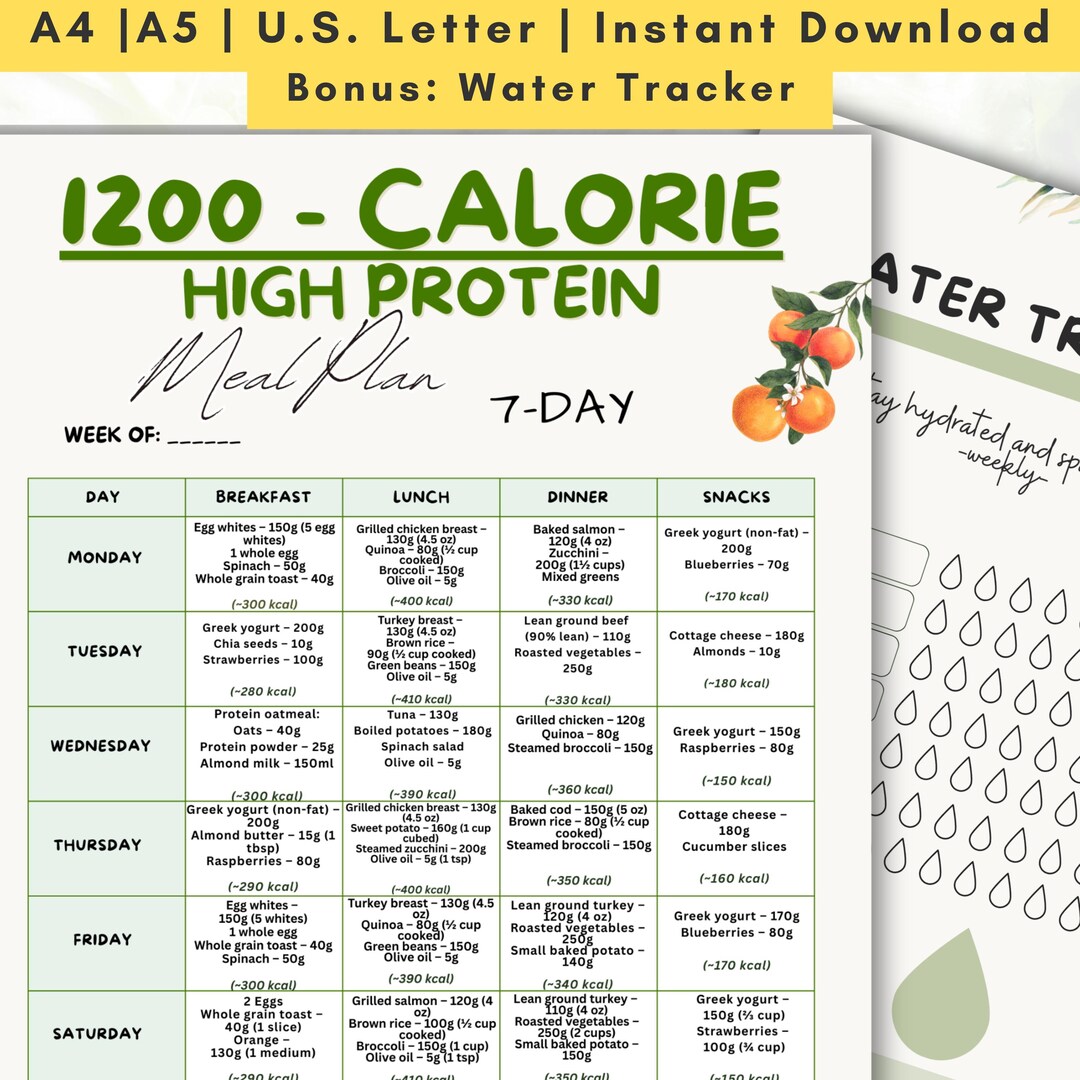 1200 Calorie High Protein Meal Plan, 7-day Diet, Water Tracker PDF - Etsy
