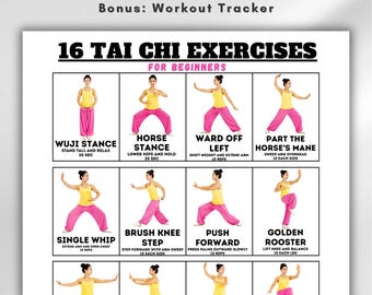 16 tai chi-oefeningen voor beginners, tai chi-workoutschema, balans en mobiliteitsroutine, afdrukbare pdf-fitnessposter