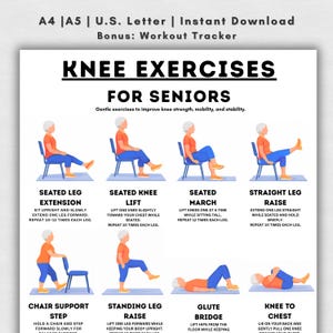 Könnte beinhalten: Ein druckbarer Leitfaden mit Illustrationen von Knieübungen für Senioren. Der Leitfaden enthält Anweisungen für sitzende Beinverlängerungen, Knieheben, Marschieren und gerade Beinheben. Der Text lautet "Knieübungen für Senioren".