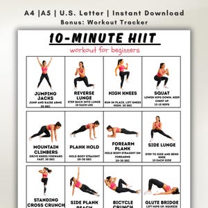 Peut inclure: Un guide d'entraînement imprimable intitulé "10-MINUTE HIIT" avec des instructions d'exercices. Le guide comprend des illustrations et des descriptions d'exercices tels que Jumping Jacks, Reverse Lunge, High Knees et Squat. Disponible en formats A4, A5 et U.S. Letter.