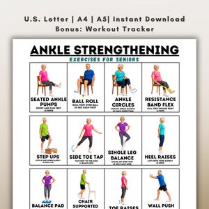 Puede incluir: Un gráfico de ejercicios digital titulado ANKLE STRENGTHENING EXERCISES FOR SENIORS. Presenta doce paneles ilustrados que muestran a personas realizando movimientos como bombeos de tobillo sentados, rodar pelotas y flexiones con banda.