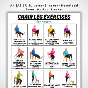 May include: A printable workout guide titled "Chair Leg Exercises for Seniors." The guide features illustrations of various exercises, including seated leg extensions, knee lifts, and hamstring stretches. The text includes instructions and the number of repetitions for each exercise.