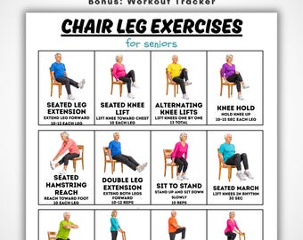 Chair Leg Exercises for Seniors, Seated Leg Workout Printable, Lower Body Strength Routine, Elderly Fitness, A5 A4 US Letter PDF