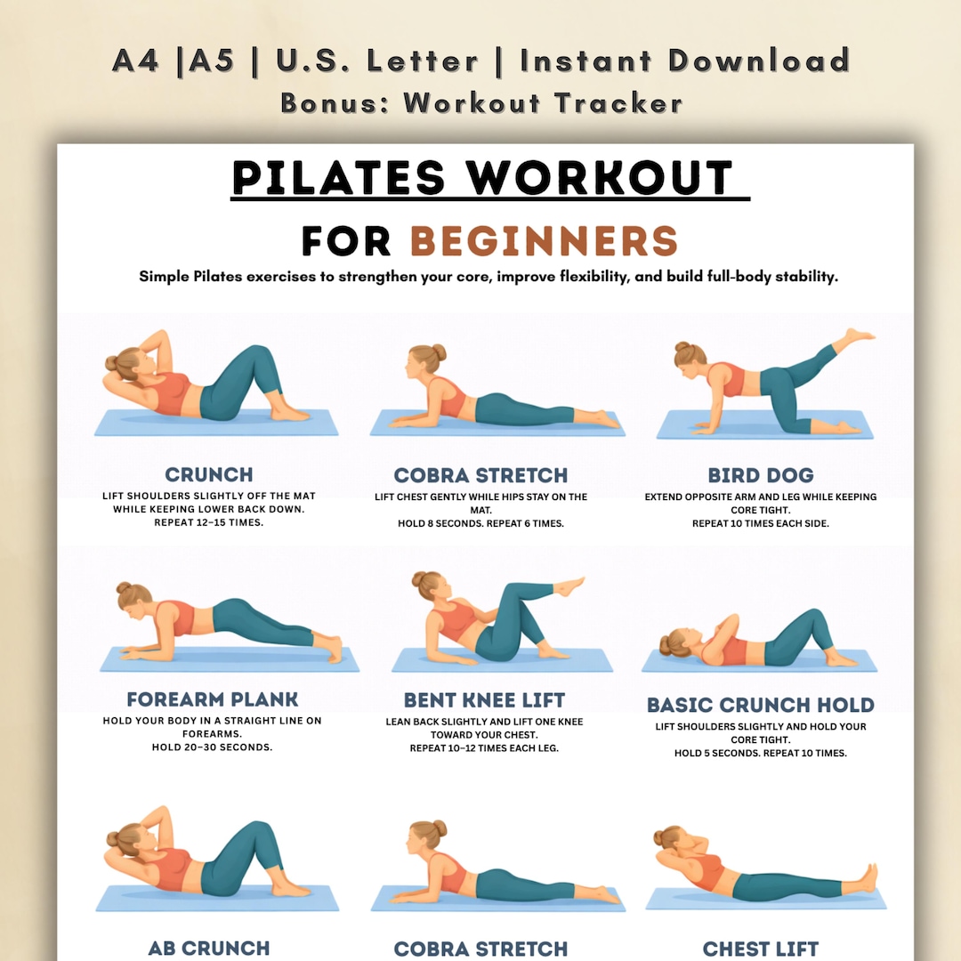 Simple Pilates Routine Beginner Pilates Workout Chart, Pilates Exercises Printable, Core ...