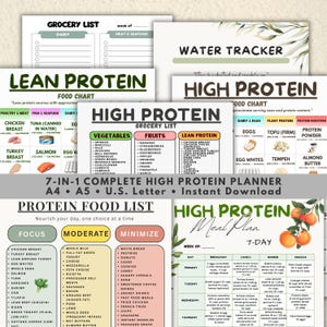 May include: A collection of printable high-protein food charts and meal planners. Includes grocery lists, food lists, and a 7-day meal plan. The documents are designed for A4, A5, and U.S. Letter sizes. The text includes "High Protein" and "Protein Food List".