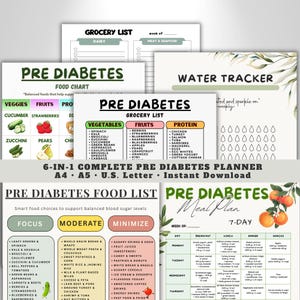 Peut inclure: Un planificateur pré-diabète 6-en-1 avec des tableaux alimentaires, des listes d'épicerie et un suivi de l'eau. Le planificateur comprend un plan de repas de 7 jours et une liste d'aliments. Le texte comprend "Pre Diabetes" et "Instant Download".