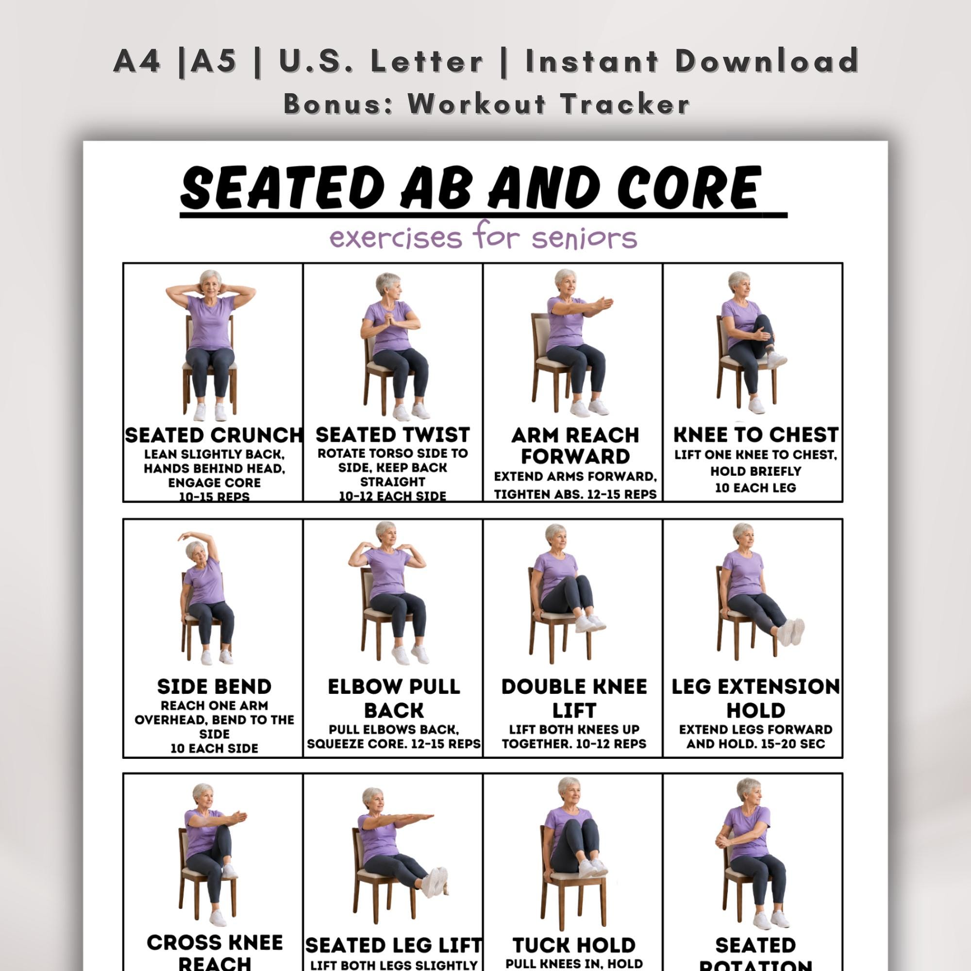 senior doing 10-minute seated core routine with chair, timer, and checklist on table