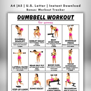 May include: A workout guide with illustrations of dumbbell exercises. The guide includes exercises like dumbbell deadlift, goblet squat, bent over row, overhead press, lateral raise, rear delt fly, bicep curl, tricep extension, step-up lunge, sumo squat, dumbbell chest press, and Bulgarian split squat.