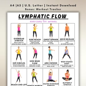 Peut inclure: Un guide d'entraînement imprimable blanc intitulé "Lymphatic Flow" avec des illustrations d'exercices. Le guide comprend des exercices comme l'étirement au-dessus de la tête, l'étirement latéral, l'ouverture de la poitrine et la libération du cou. Le texte "exercices pour femmes" est également présent.