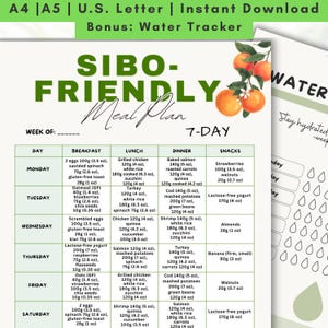 May include: A printable SIBO-Friendly Meal Plan with a 7-day menu, including breakfast, lunch, dinner, and snack options. The plan features a green and white design with a water tracker and orange fruit illustrations.