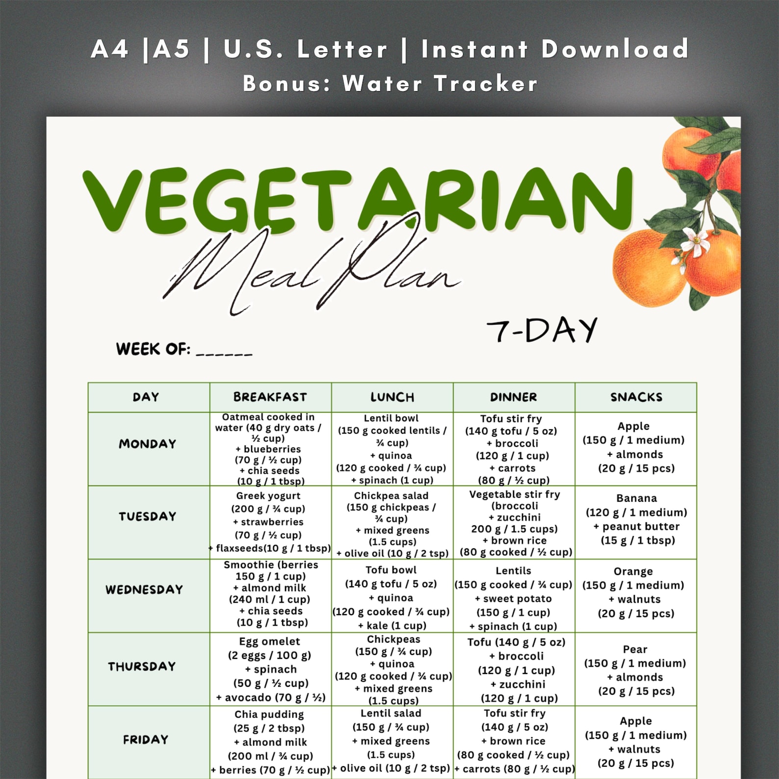 Vegetarian 7 Day Meal Plan Printable, Plant Based Meal Plan, Healthy ...
