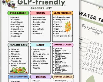 Puede incluir: Una lista de compras imprimible con categorías para verduras, frutas, proteínas magras, grasas saludables, lácteos, carbohidratos complejos, opciones de desayuno, bebidas y artículos de despensa. Incluye un rastreador de agua de bonificación.