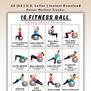 Puede incluir: Una guía de ejercicios imprimible con 16 ejercicios con balón de fitness para mujeres. La guía incluye ilustraciones e instrucciones para cada ejercicio, como estiramiento sentado por encima de la cabeza, estiramiento lateral, sentadilla con balón y estiramiento con balón. El texto incluye "16 FITNESS BALL".