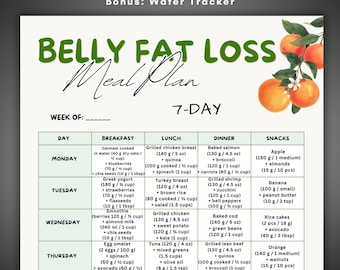 Belly Fat Loss 7 Day Meal Plan Printable, Flat Stomach Diet Plan, Weight Loss Meal Plan, Calorie Deficit Meal Plan, Fat Burn Meal Prep Guide