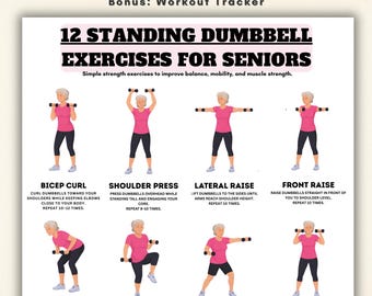 Standing Dumbbell Exercises for Seniors Printable, 12 Strength Exercises Chart, Senior Workout Guide, Home Dumbbell Workout, Fitness Tracker