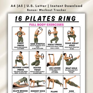 Peut inclure: Un tracker d'entraînement avec des exercices de Pilates ring. Le document en noir et blanc présente des illustrations d'exercices tels que la presse pectorale, l'étirement latéral, la presse squat et le maintien sumo squat. Le texte comprend les noms des exercices, les instructions et les répétitions. Téléchargement instantané.