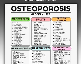 Puede incluir: Una lista de compras imprimible para la osteoporosis, con secciones para verduras, frutas, fuentes de proteínas, granos y carbohidratos, grasas saludables y alimentos para la salud ósea. La lista incluye elementos como col rizada, naranjas, pollo, avena, aceite de oliva y alimentos fortificados con calcio.