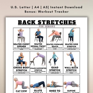 May include: A digital chart titled BACK STRETCHES FOR SENIORS featuring twelve instructional panels with illustrations of individuals performing various exercises. The text includes U.S. Letter, A4, A5, Instant Download, and Bonus: Workout Tracker.