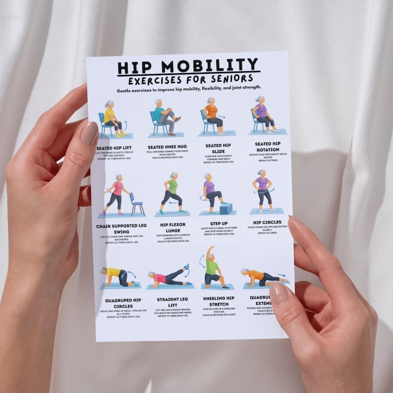 Hip Mobility Exercises for Seniors Printable, 12 Gentle Hip Strength ...