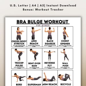Könnte beinhalten: Ein digitaler Trainingsleitfaden mit dem Titel Bra Bulge Workout, der zwölf illustrierte Übungsschritte zeigt, darunter Cross Body Stretch, Arm Reach, Back Squeeze, Chest Opener, Tricep Pulse, Bent Over Row, Reverse Fly, Wall Push, Bird, Superman und Bicycle.