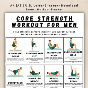 May include: Printable workout guide for core strength, featuring illustrated exercises like squats, lunges, and leg raises. Includes instructions for each exercise, designed for at-home workouts. The guide is available in A4, A5, and U.S. Letter sizes.