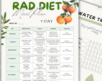 Plano alimentar de 7 dias da Dieta RAD, cardápio com comida de verdade e controle de ingestão de água (PDF para impressão)