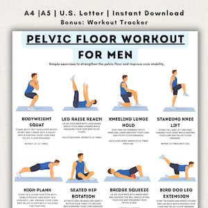 May include: A workout guide for pelvic floor exercises. The white background features illustrations of various exercises, including squats, leg raises, lunges, and planks. Text instructions accompany each exercise, providing guidance on form and repetitions. The guide is designed to strengthen the pelvic floor.