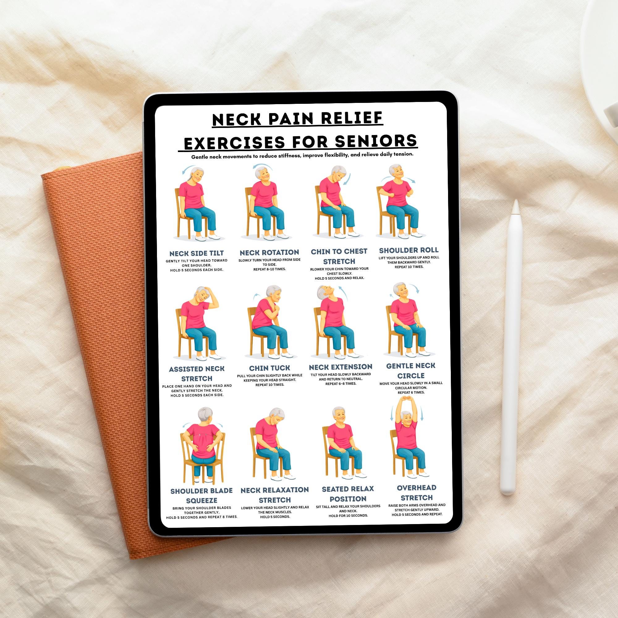 Neck Pain Relief Exercises for Seniors, Gentle Neck Stretch Chart ...