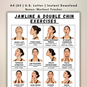 May include: A printable workout guide titled "JAWLINE & DOUBLE CHIN EXERCISES" with illustrated facial exercises. The guide includes instructions for neck lifts, fish face, chin support press, O shape exercise, tongue stretch, lip pucker, neck extension, and face massage.
