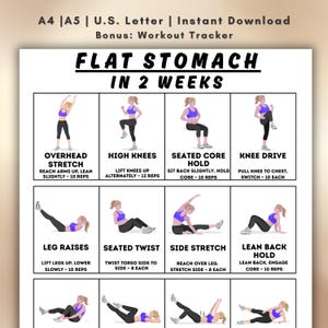May include: A printable workout tracker titled "Flat Stomach in 2 Weeks" with exercise illustrations. The exercises include overhead stretch, high knees, seated core hold, knee drive, leg raises, seated twist, side stretch, and lean back hold.